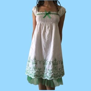 White & Green Midi Peasant Babydoll Cottagecore Dress